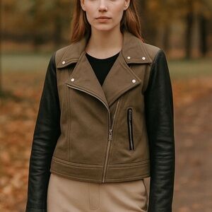 Rare Mackage Minella Leather Biker Moto Jacket Olive Green Black Size Medium